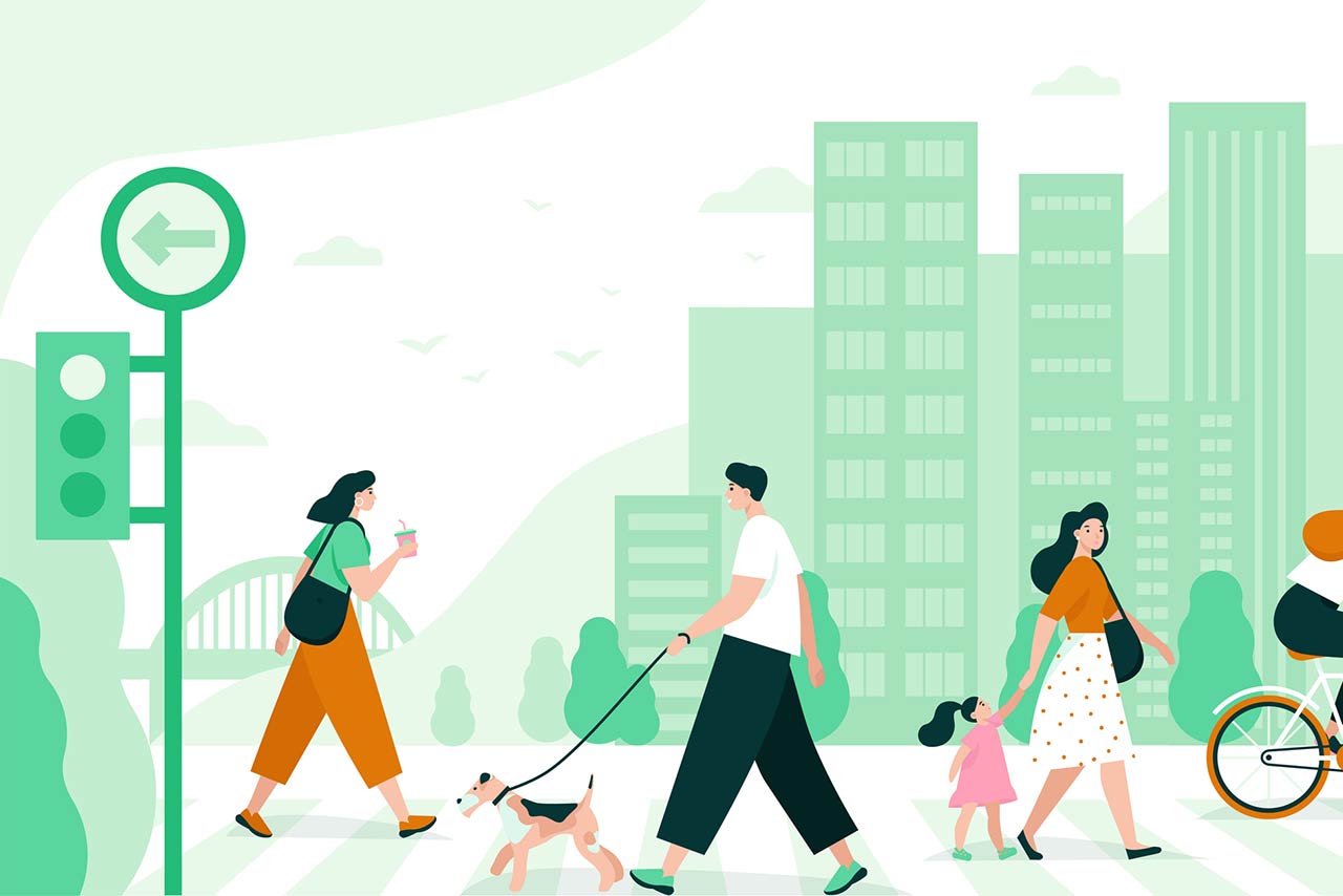 City scape flat vector illustration of people walking