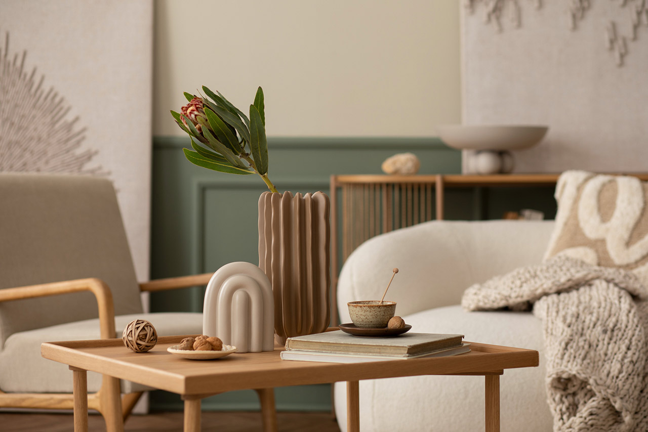 living room with boucle sofa, wooden coffee table, books, stylish sculpture, vase with leaves and personal accessories